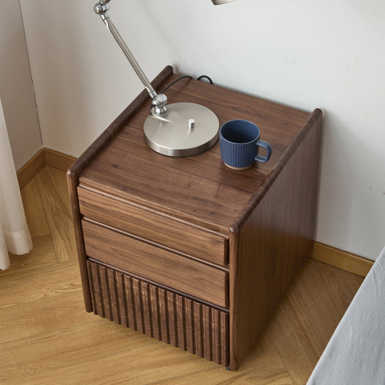 Traditional Vintage Walnut Rectangular Piano-Key Movable Nightstand 3-Drawers For Bedroom
