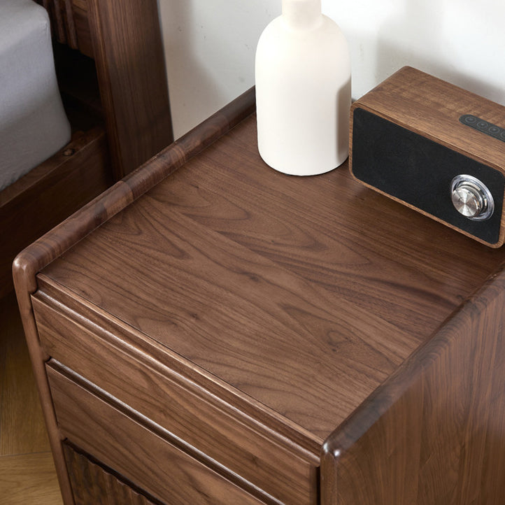 Traditional Vintage Walnut Rectangular Piano-Key Movable Nightstand 3-Drawers For Bedroom
