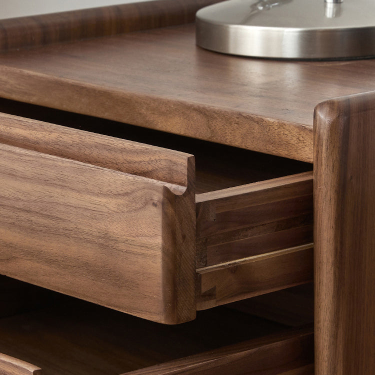 Traditional Vintage Walnut Rectangular Piano-Key Movable Nightstand 3-Drawers For Bedroom
