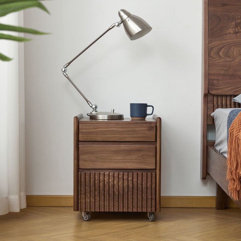 Traditional Vintage Walnut Rectangular Piano-Key Movable Nightstand 3-Drawers For Bedroom
