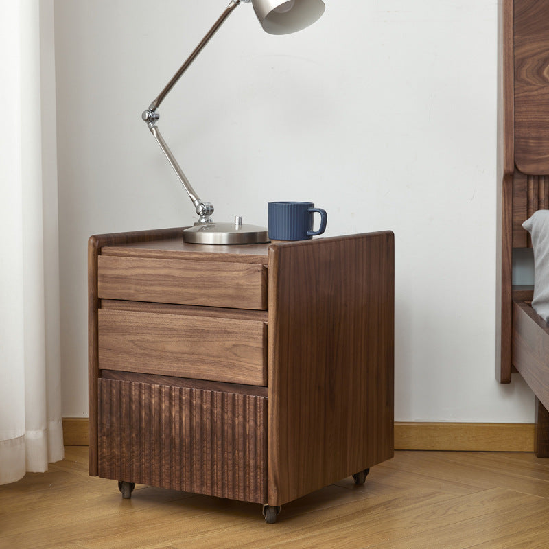 Traditional Vintage Walnut Rectangular Piano-Key Movable Nightstand 3-Drawers For Bedroom