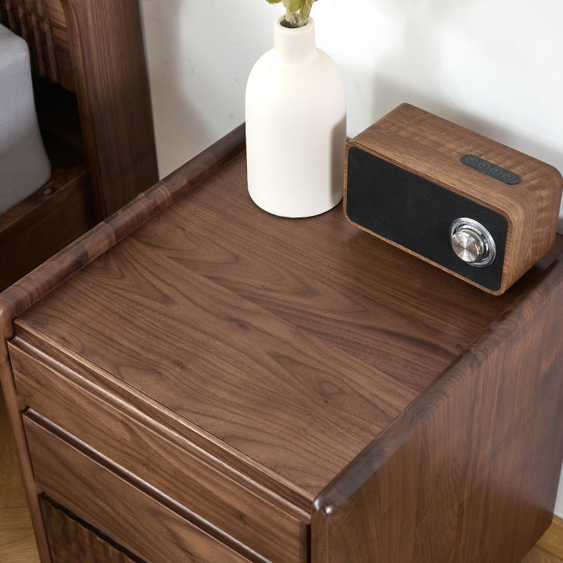 Traditional Vintage Walnut Rectangular Piano-Key Movable Nightstand 3-Drawers For Bedroom