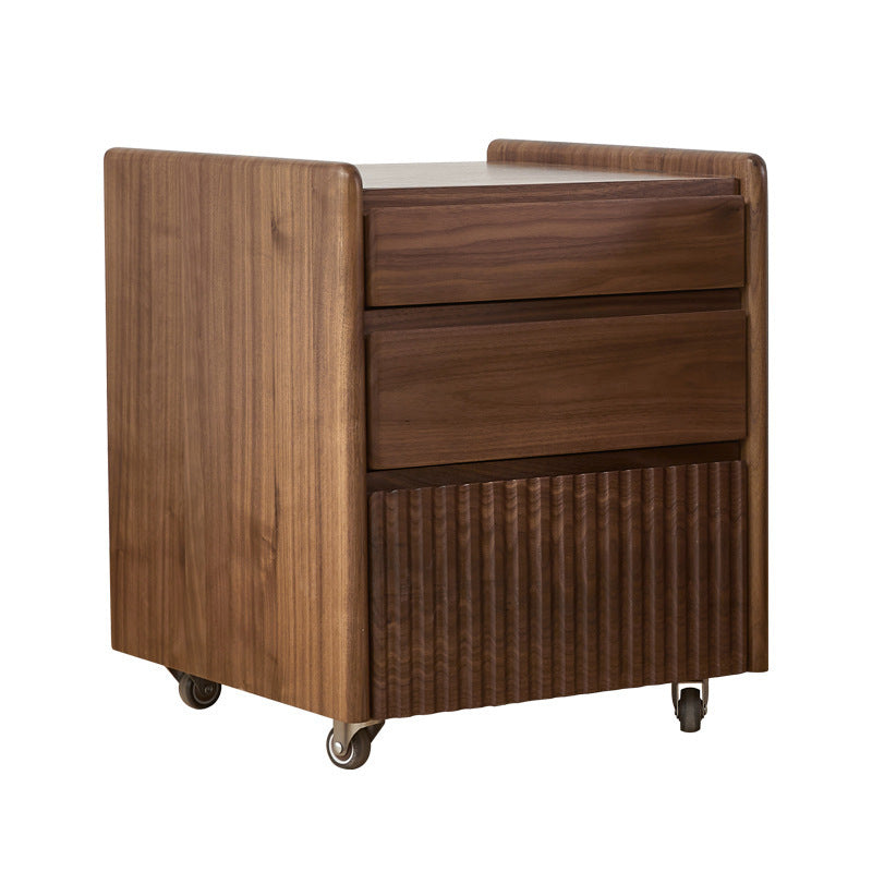 Traditional Vintage Walnut Rectangular Piano-Key Movable Nightstand 3-Drawers For Bedroom