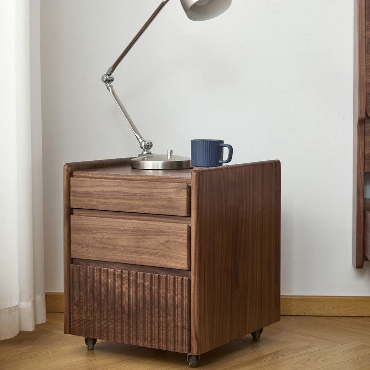 Traditional Vintage Walnut Rectangular Piano-Key Movable Nightstand 3-Drawers For Bedroom
