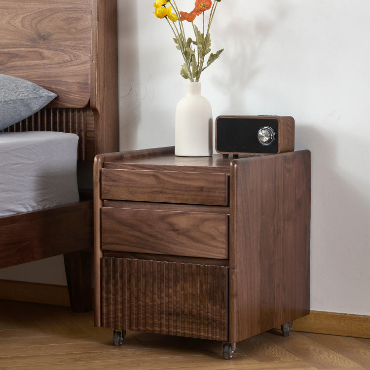 Traditional Vintage Walnut Rectangular Piano-Key Movable Nightstand 3-Drawers For Bedroom