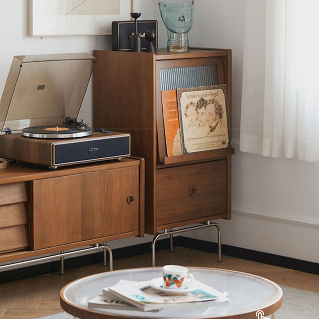 Traditional Vintage Pine Glass Stainless Steel Trapezoid Rectangular Side Table 3-Tiers For Bedroom & Living Room