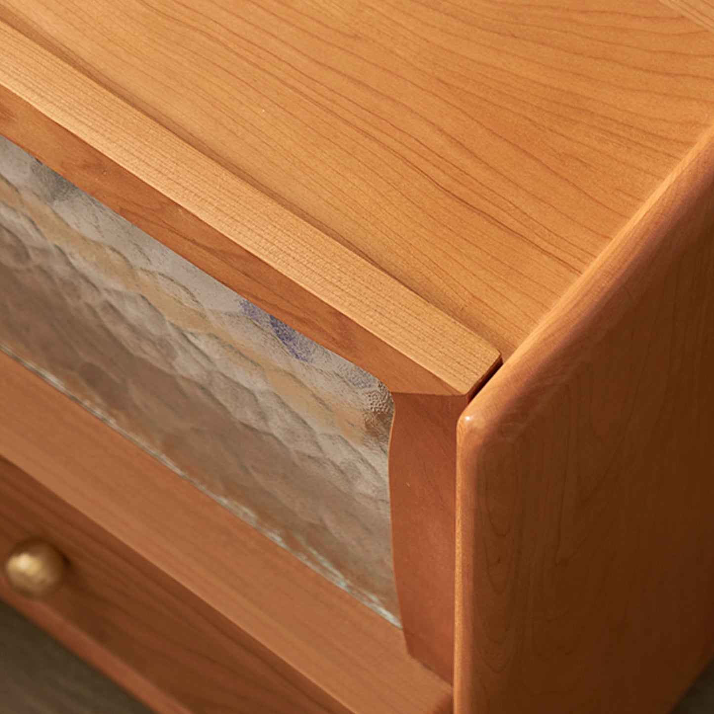 Contemporary Scandinavian Solid Wood Glass Rounded Square Nightstand 2-Drawer For Bedroom