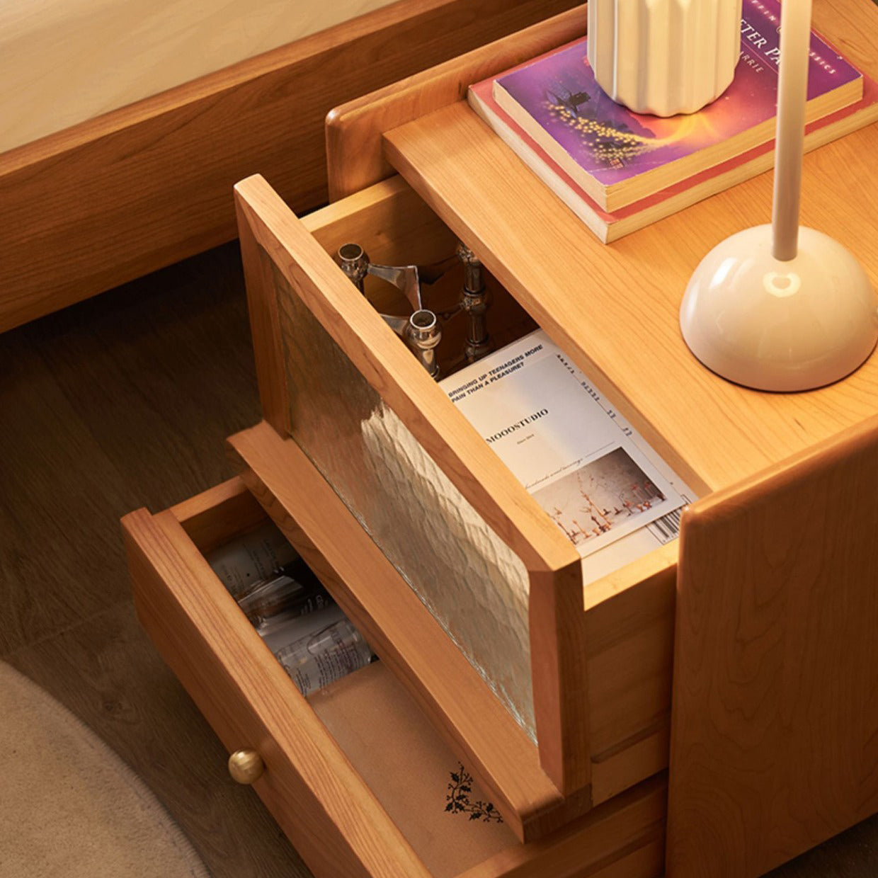 Contemporary Scandinavian Solid Wood Glass Rounded Square Nightstand 2-Drawer For Bedroom