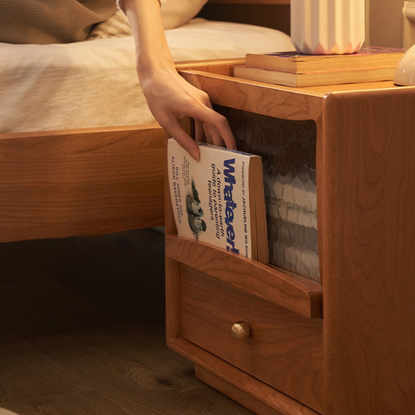 Contemporary Scandinavian Solid Wood Glass Rounded Square Nightstand 2-Drawer For Bedroom