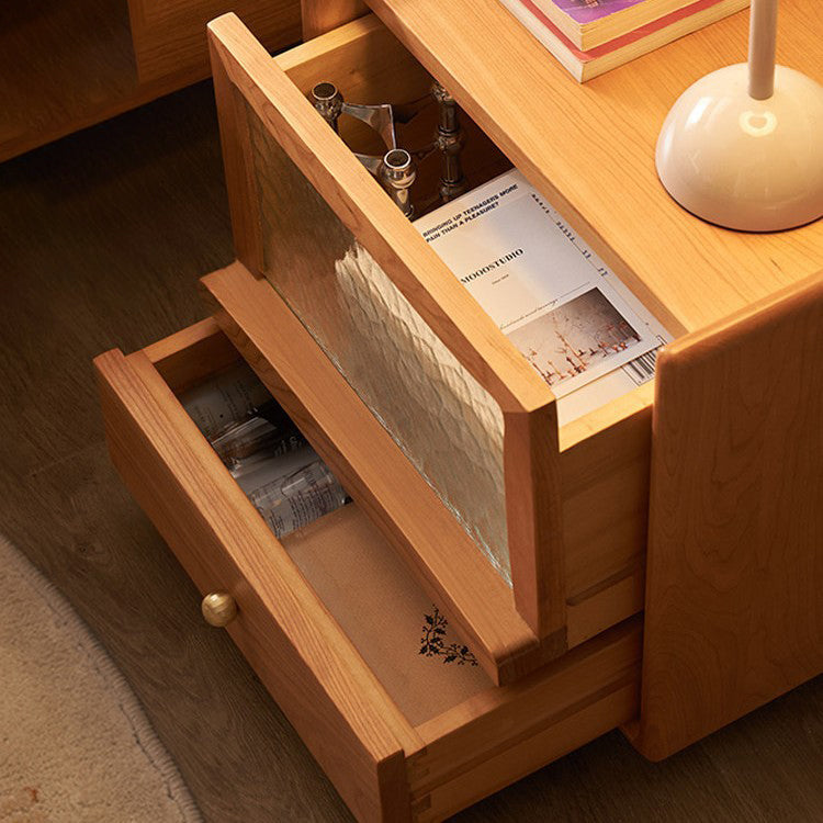 Contemporary Scandinavian Solid Wood Glass Rounded Square Nightstand 2-Drawer For Bedroom