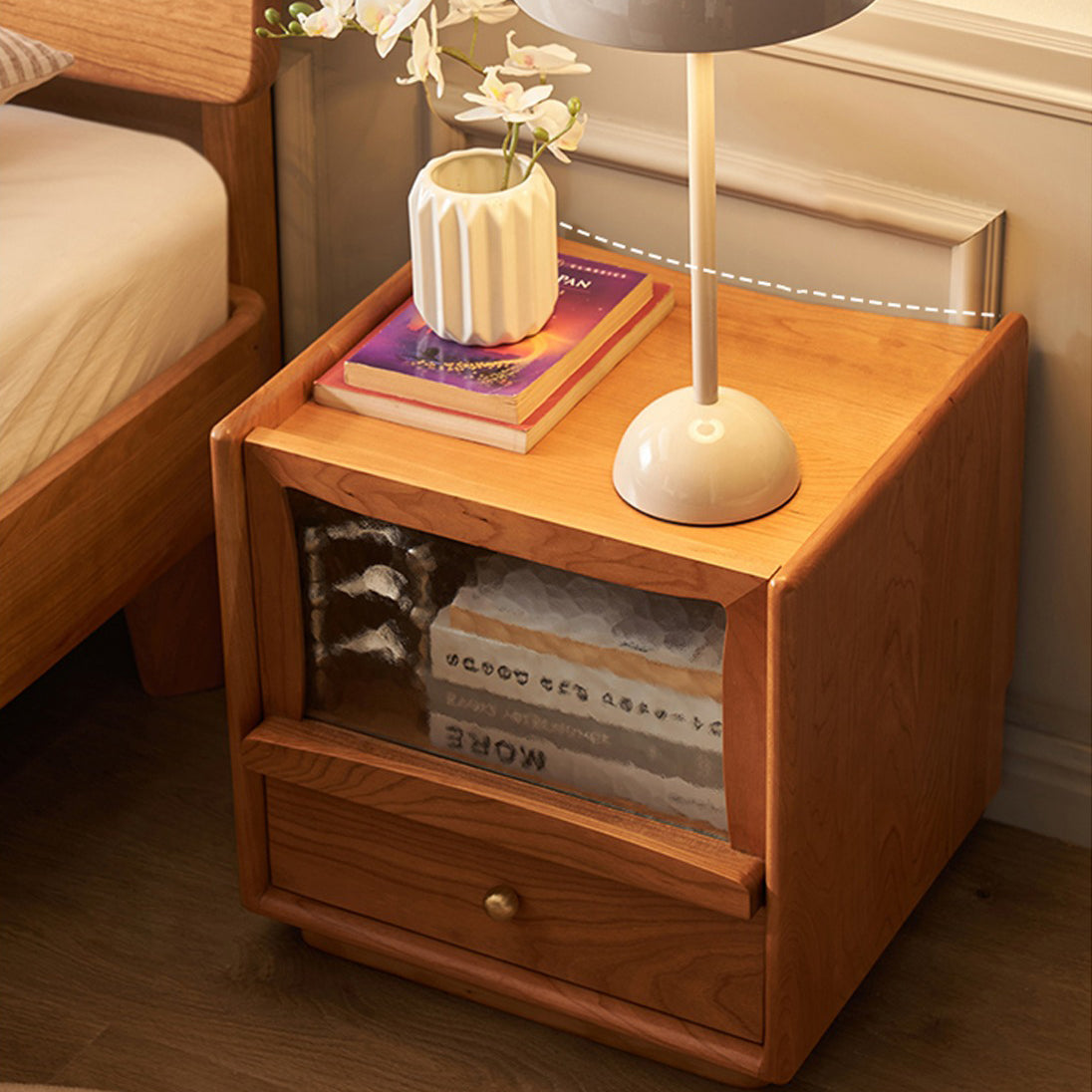 Contemporary Scandinavian Solid Wood Glass Rounded Square Nightstand 2-Drawer For Bedroom