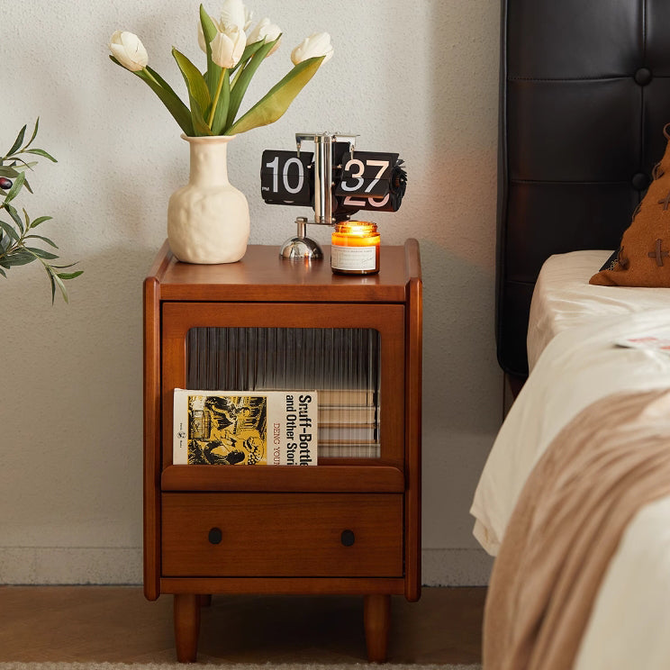 Traditional Vintage Pine Glass Rounded Trapezoid Nightstand 2-Drawer For Bedroom