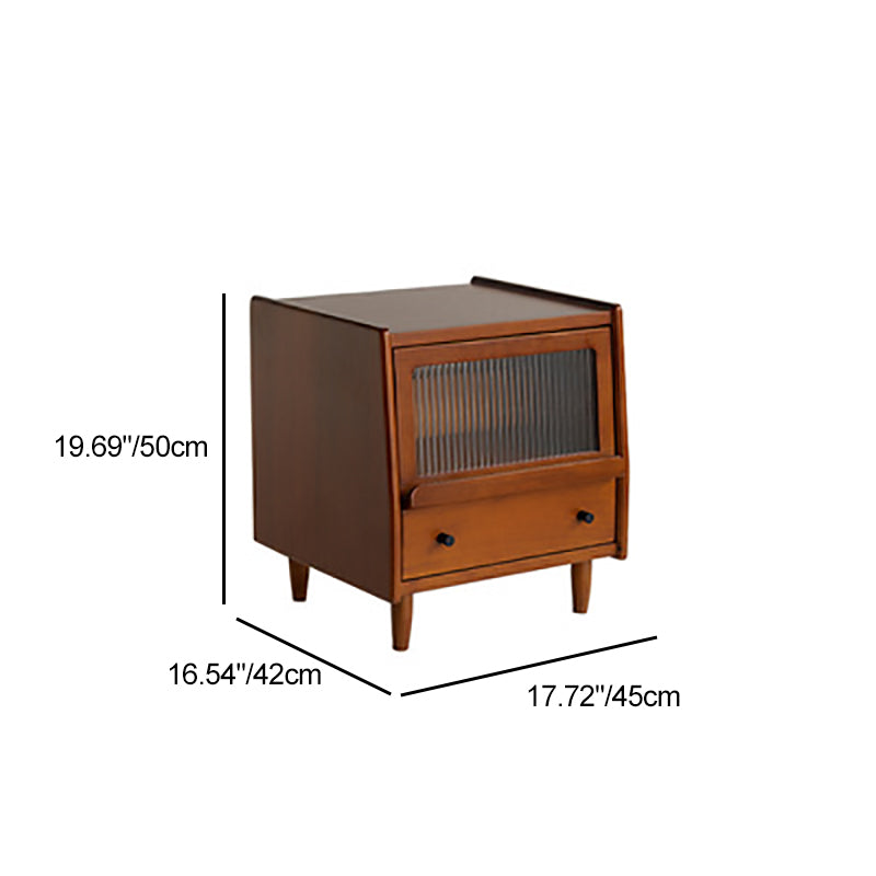 Traditional Vintage Pine Glass Rounded Trapezoid Nightstand 2-Drawer For Bedroom