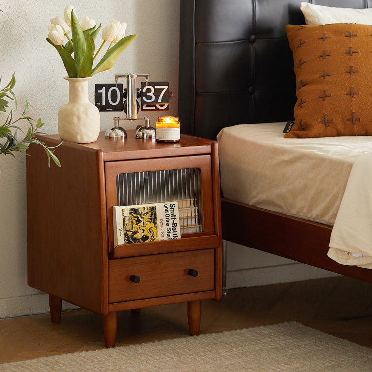 Traditional Vintage Pine Glass Rounded Trapezoid Nightstand 2-Drawer For Bedroom