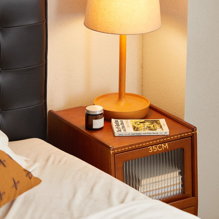 Traditional Vintage Pine Glass Rounded Trapezoid Nightstand 2-Drawer For Bedroom