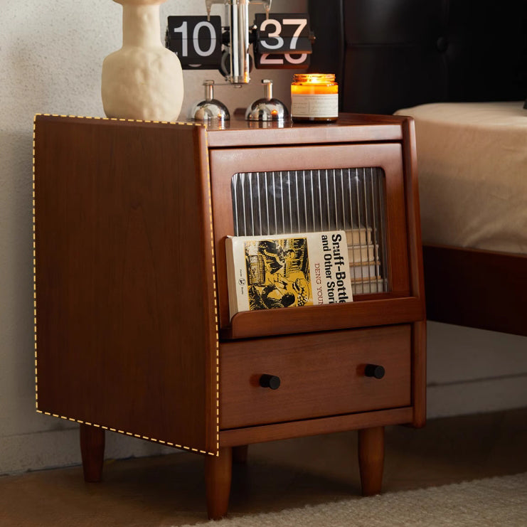 Traditional Vintage Pine Glass Rounded Trapezoid Nightstand 2-Drawer For Bedroom