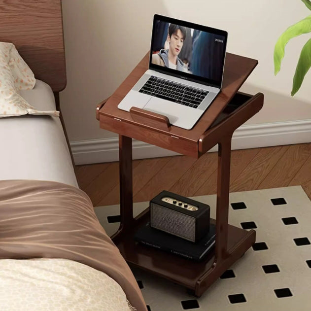 Traditional Vintage Oak Movable Square Side Table With 2 Tiers For Bedroom & Living Room