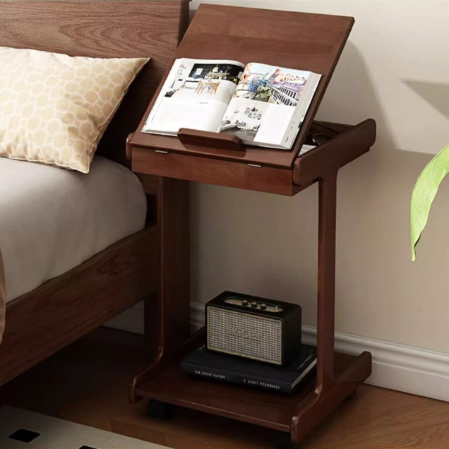Traditional Vintage Oak Movable Square Side Table With 2 Tiers For Bedroom & Living Room