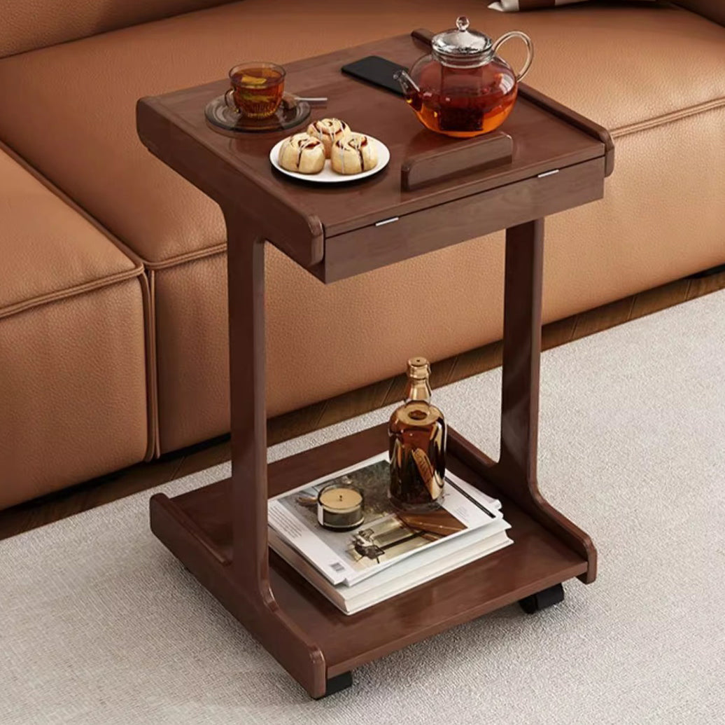 Traditional Vintage Oak Movable Square Side Table With 2 Tiers For Bedroom & Living Room