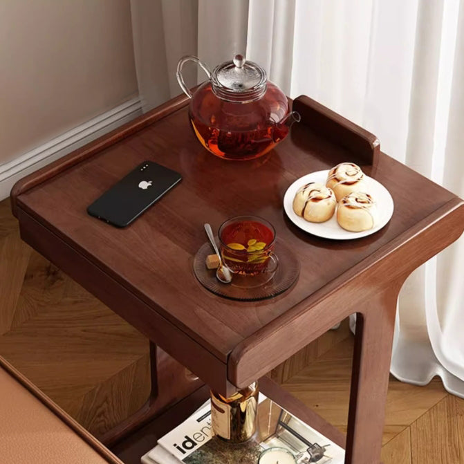 Traditional Vintage Oak Movable Square Side Table With 2 Tiers For Bedroom & Living Room