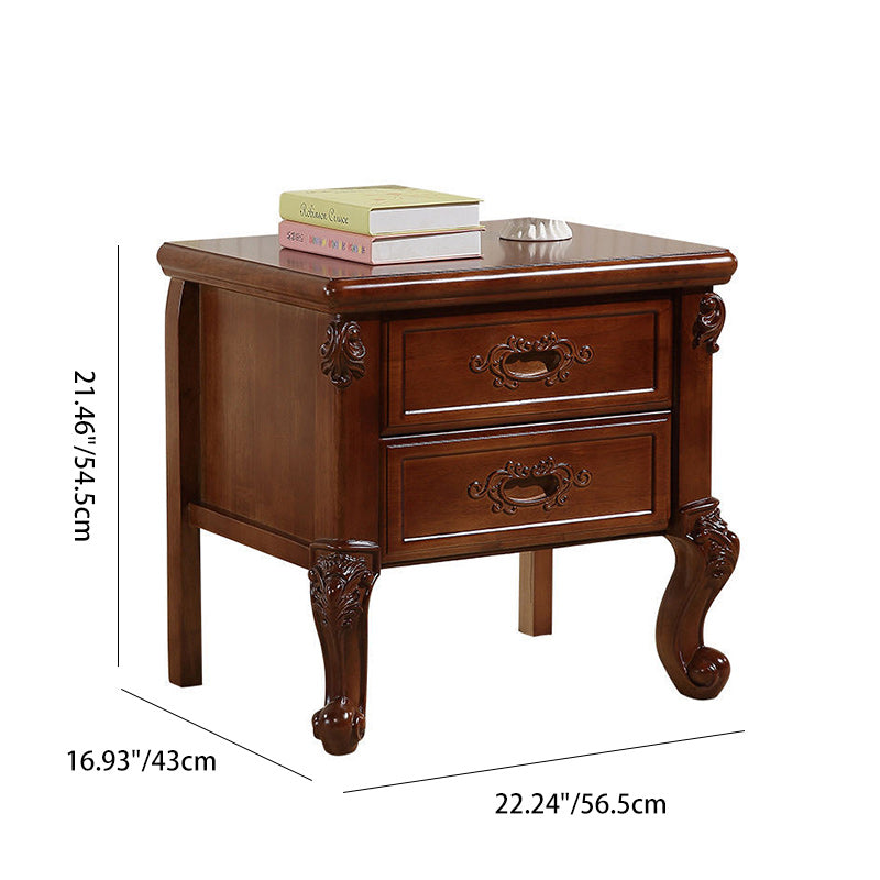 Traditional Vintage Rubber Wood & Metal Carved Curved Square Nightstand With 2 Drawers For Bedroom