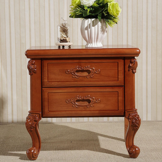 Traditional Vintage Rubber Wood & Metal Carved Curved Square Nightstand With 2 Drawers For Bedroom