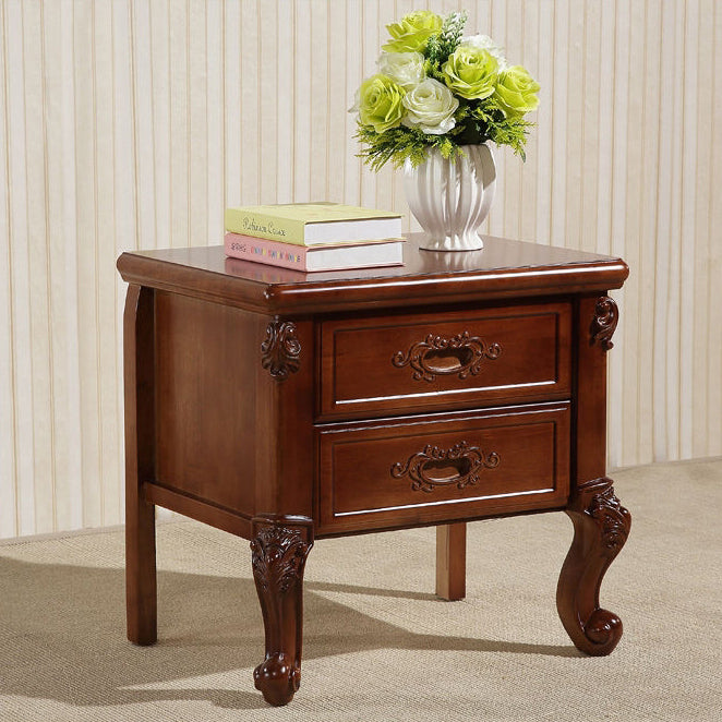 Traditional Vintage Rubber Wood & Metal Carved Curved Square Nightstand With 2 Drawers For Bedroom