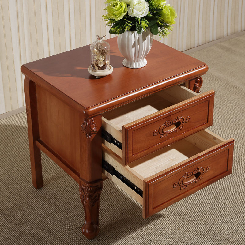 Traditional Vintage Rubber Wood & Metal Carved Curved Square Nightstand With 2 Drawers For Bedroom