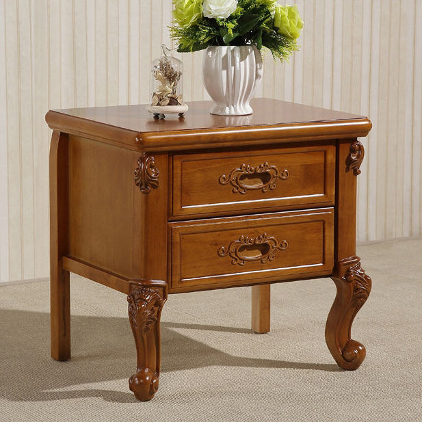 Traditional Vintage Rubber Wood & Metal Carved Curved Square Nightstand With 2 Drawers For Bedroom