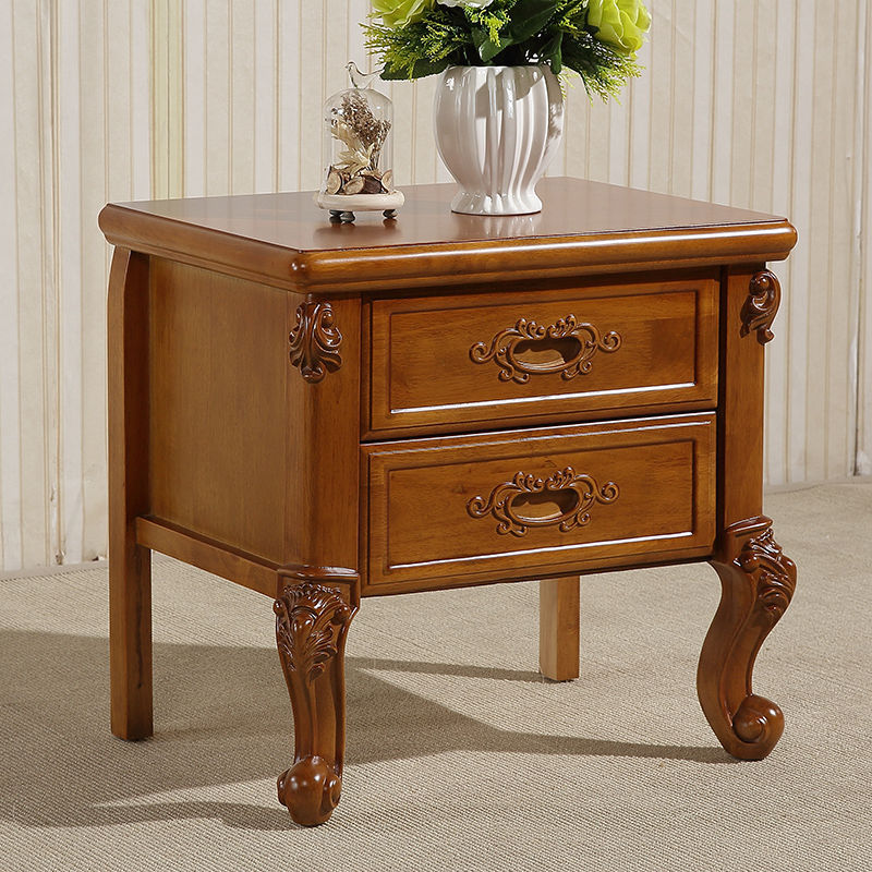 Traditional Vintage Rubber Wood & Metal Carved Curved Square Nightstand With 2 Drawers For Bedroom