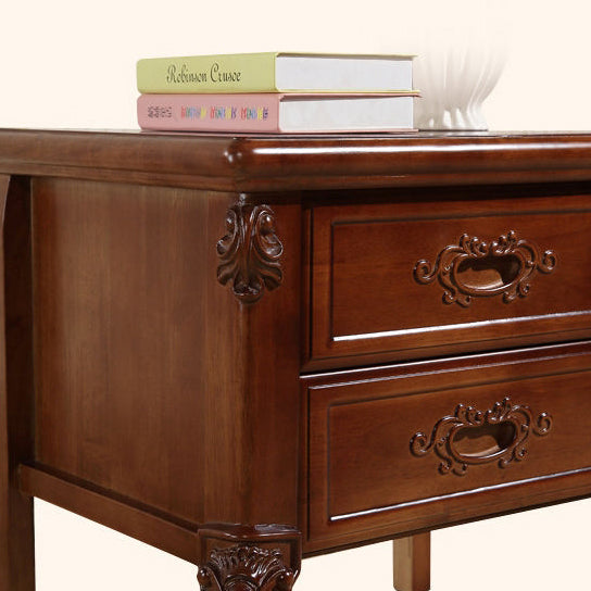 Traditional Vintage Rubber Wood & Metal Carved Curved Square Nightstand With 2 Drawers For Bedroom