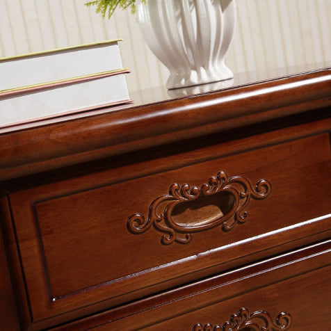 Traditional Vintage Rubber Wood & Metal Carved Curved Square Nightstand With 2 Drawers For Bedroom