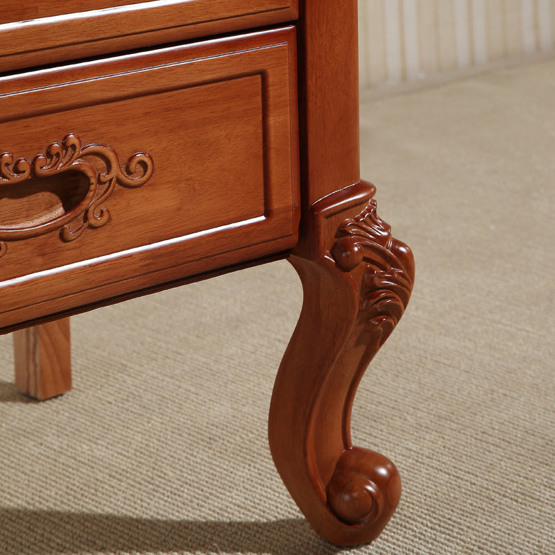 Traditional Vintage Rubber Wood & Metal Carved Curved Square Nightstand With 2 Drawers For Bedroom