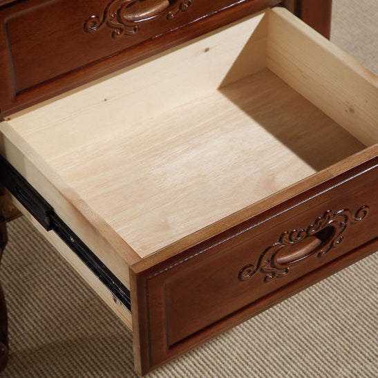 Traditional Vintage Rubber Wood & Metal Carved Curved Square Nightstand With 2 Drawers For Bedroom