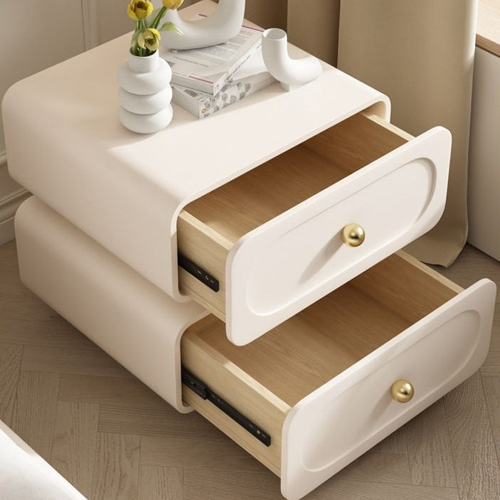 Modern Minimalist Solid Wood & Metal Rounded Square Nightstand 2-Drawer With Ball Accents For Bedroom