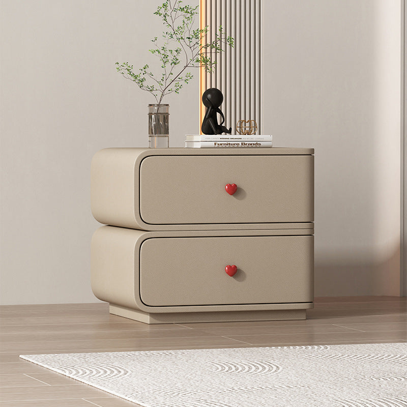Contemporary Creative Faux Leather Solid Wood & Metal Curved Rectangular Nightstand 2-Drawer For Bedroom