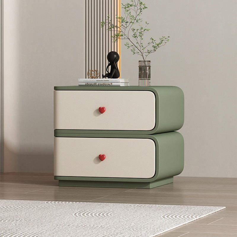 Contemporary Creative Faux Leather Solid Wood & Metal Curved Rectangular Nightstand 2-Drawer For Bedroom