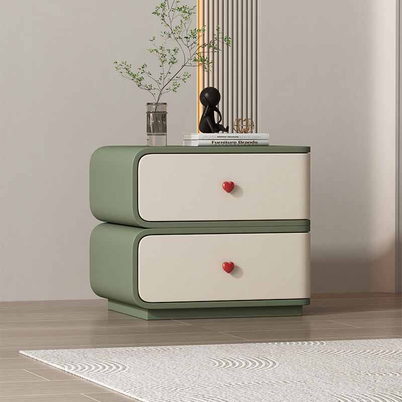 Contemporary Creative Faux Leather Solid Wood & Metal Curved Rectangular Nightstand 2-Drawer For Bedroom