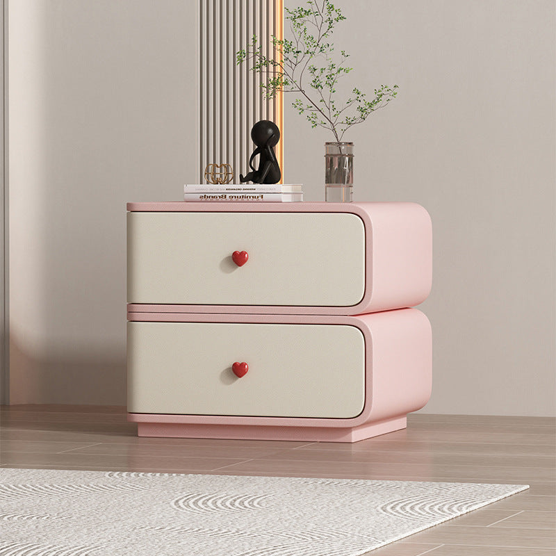Contemporary Creative Faux Leather Solid Wood & Metal Curved Rectangular Nightstand 2-Drawer For Bedroom