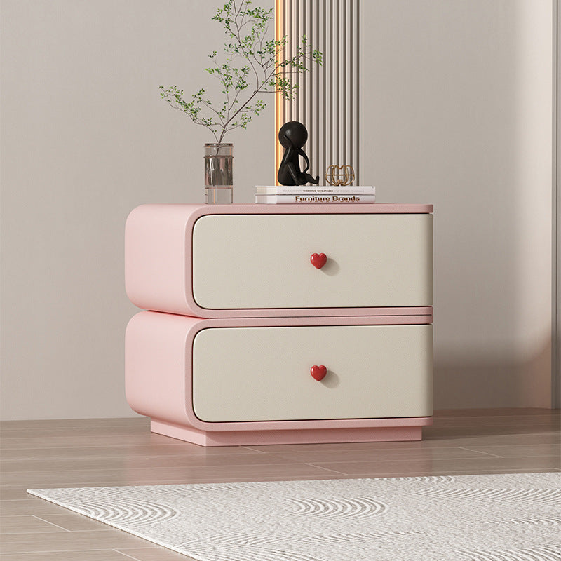 Contemporary Creative Faux Leather Solid Wood & Metal Curved Rectangular Nightstand 2-Drawer For Bedroom