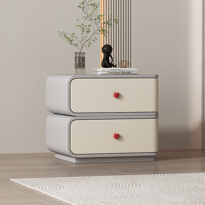 Contemporary Creative Faux Leather Solid Wood & Metal Curved Rectangular Nightstand 2-Drawer For Bedroom