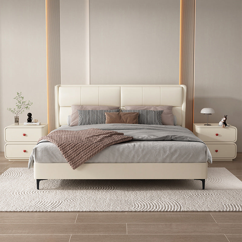 Contemporary Creative Faux Leather Solid Wood & Metal Curved Rectangular Nightstand 2-Drawer For Bedroom