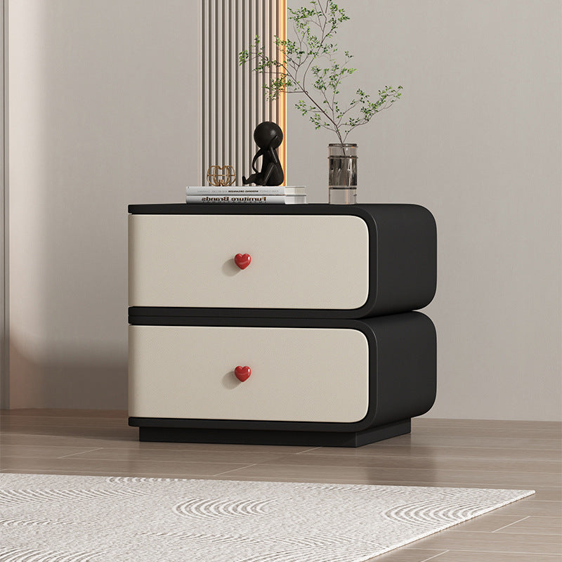 Contemporary Creative Faux Leather Solid Wood & Metal Curved Rectangular Nightstand 2-Drawer For Bedroom