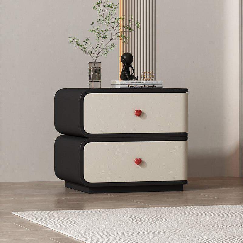 Contemporary Creative Faux Leather Solid Wood & Metal Curved Rectangular Nightstand 2-Drawer For Bedroom