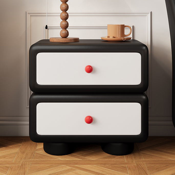 Modern Minimalist Faux Leather Solid Wood Rounded Square Nightstand 2-Drawer Bedroom Cabinet
