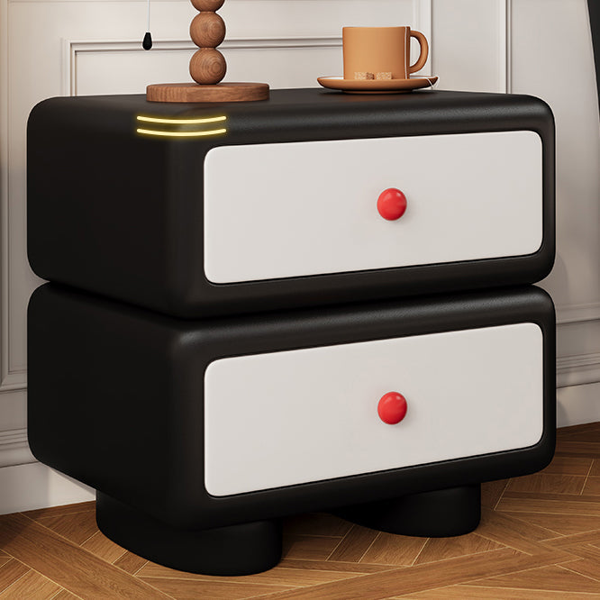 Modern Minimalist Faux Leather Solid Wood Rounded Square Nightstand 2-Drawer Bedroom Cabinet