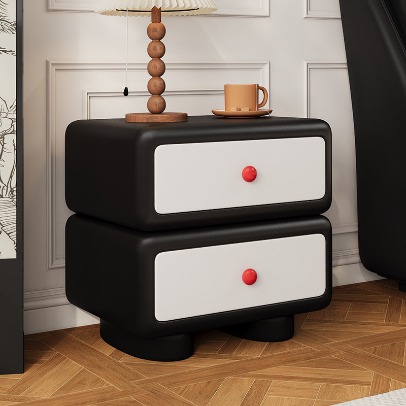 Modern Minimalist Faux Leather Solid Wood Rounded Square Nightstand 2-Drawer Bedroom Cabinet