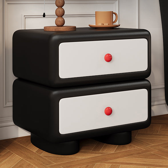 Modern Minimalist Faux Leather Solid Wood Rounded Square Nightstand 2-Drawer Bedroom Cabinet
