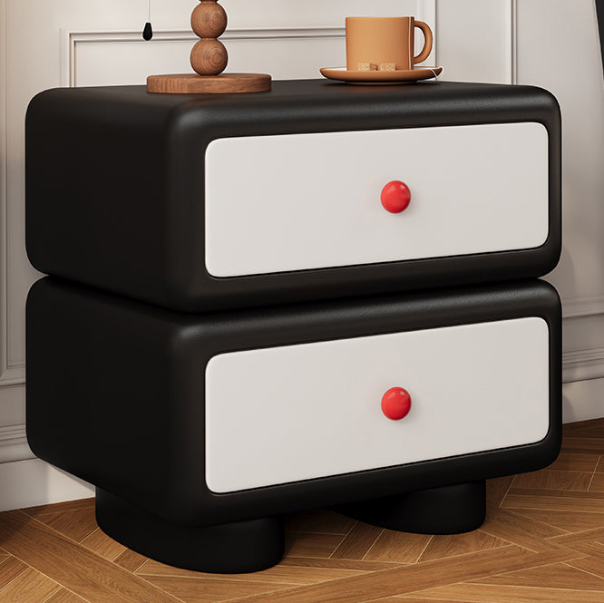 Modern Minimalist Faux Leather Solid Wood Rounded Square Nightstand 2-Drawer Bedroom Cabinet