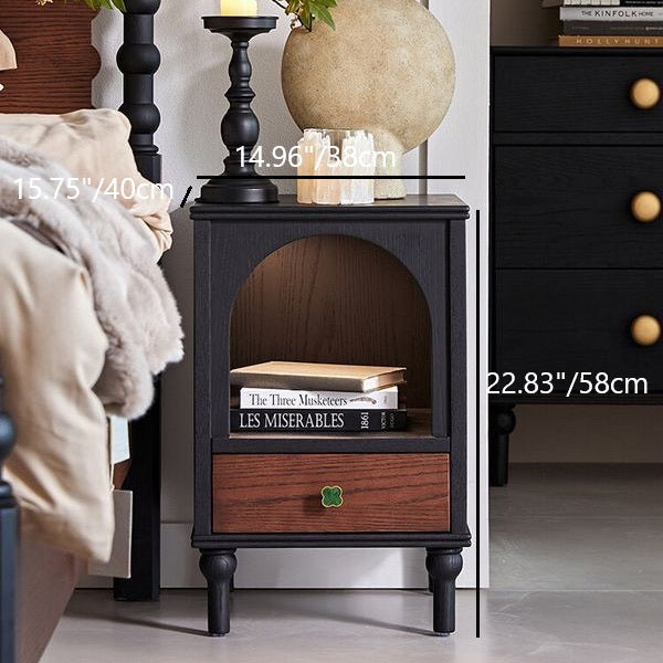 Traditional Vintage Solid Wood Metal Semi-Circular Rectangular Nightstand 1-Drawer For Bedroom